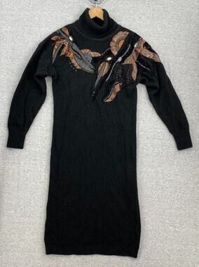 Vintage Susan Bennett Sweater Dress Womens Medium Black Silk Angora Stretch 80s